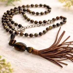 Chicos Tigers Eye Beaded Tassel Necklace Brown Leather Boho Statement Jewelry